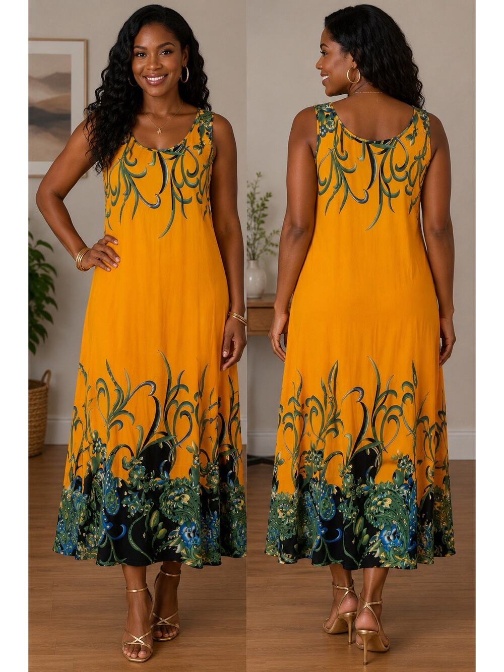 Boho Mustard Yellow Sleeveless Maxi 2XL Paisley Floral Flowy Beach Dress